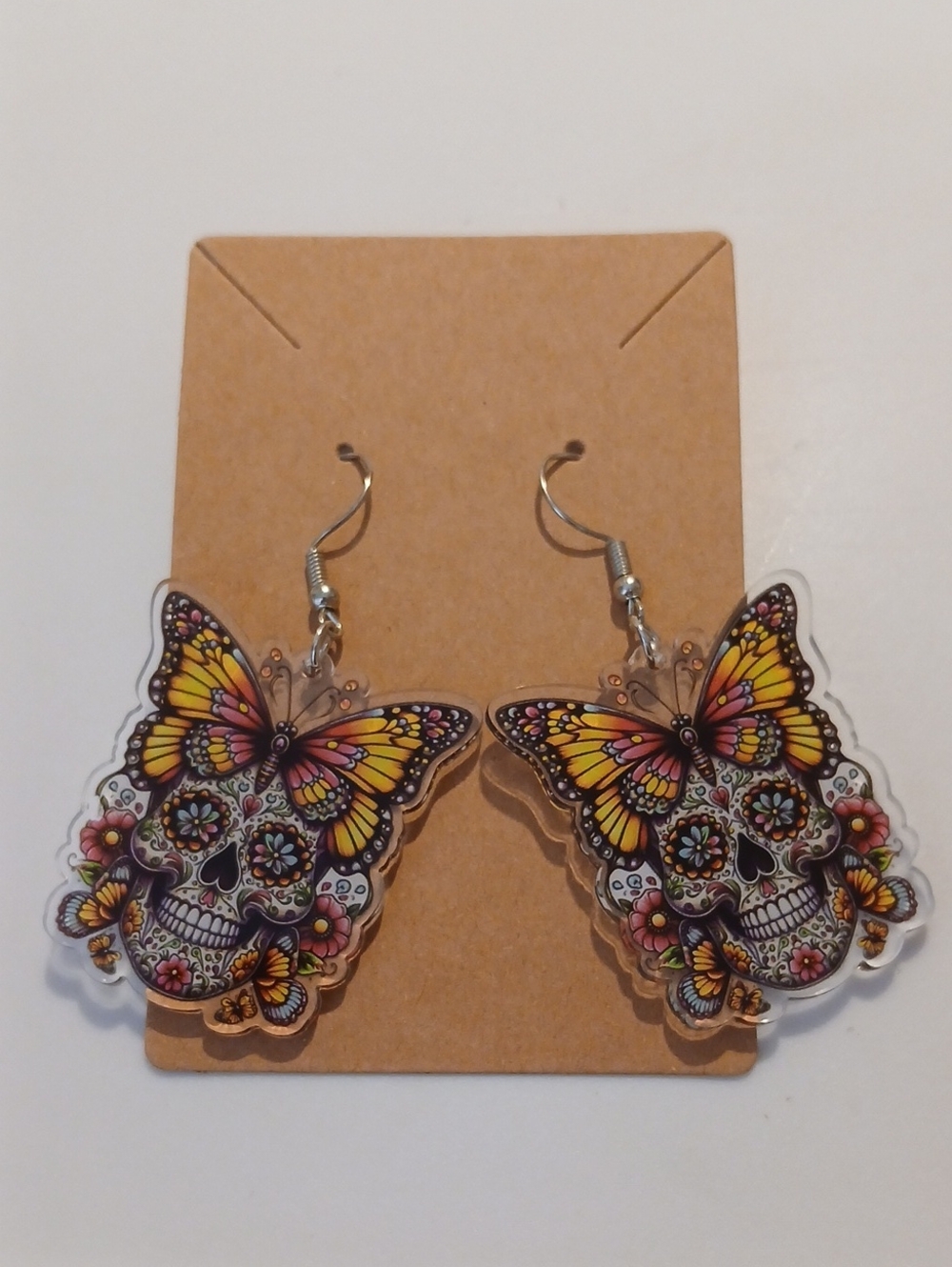 Fashion Jewelry Butterfly Sugar Skull Dangle Earrings - Yellow & Pink